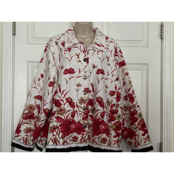 Liz Baker Woman Jacket Red Tan Floral Lined Size 2X Large Button Front C… - Picture 1 of 9